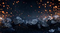 Dramatic mountain landscape at night with glowing orange bokeh lights floating in dark sky, creating magical atmosphere against snowy peaks and starry background.