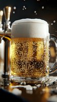 Frosty glass mug of golden beer with bubbles and foam head against dark background, perfect for beverage advertising or menu design.