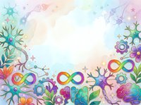 Colorful infinity symbols and abstract floral elements frame a soft pastel gradient background, creating a whimsical border design suitable for greeting cards, posters, and digital projects.