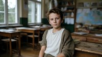 Young boy with curly hair in white shirt and beige cardigan sitting in rustic classroom with wooden desks and large windows. Thoughtful expression in educational setting.