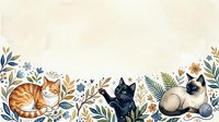 Watercolor cats sleeping among decorative floral border with leaves and flowers on cream background for greeting cards and stationery design.