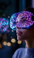 Young woman wearing futuristic virtual reality headset with glowing purple and blue lights, bokeh effects create magical atmosphere in dark setting.