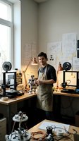 Young male engineer in apron working with 3D printer in modern workshop with technical drawings and copper desk lamps for product development and prototyping.