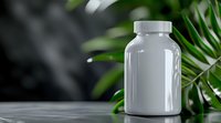 White plastic supplement bottle mockup against dark background with green tropical leaves, minimalist product photography for wellness branding.