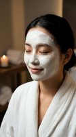 Young Asian woman enjoying spa facial mask treatment in white bathrobe with candles creating relaxing wellness atmosphere for skincare routine.