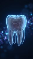 Glowing translucent tooth with blue light effects on dark background for dental care and oral health concepts.