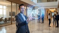 Confident Caucasian businessman in suit holding glowing holographic megaphone in modern office lobby, digital marketing and communication concept.