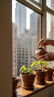 Hands watering young green seedlings in terracotta pots on sunny windowsill with urban city view background for indoor gardening and plant care.
