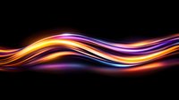 Glowing wavy lines with vibrant orange, purple and blue colors flowing smoothly against black background create dynamic abstract light effect pattern.