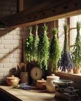 Fresh herbs hanging to dry in rustic kitchen with ceramic pots and wooden shelves for natural cooking and herbal medicine preparation.