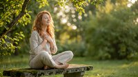Young blonde woman in white clothing sitting cross-legged on wooden bench in peaceful park setting with soft natural lighting for wellness and mindfulness content.