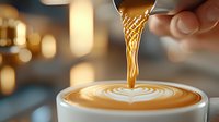 Barista pouring golden honey into coffee cup creating artistic latte art pattern with creamy foam on blurred cafe background with bokeh lights.