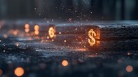 Glowing dollar symbol on dark wet surface with magical orange sparks and bokeh lights creating mysterious financial atmosphere. For business concepts.