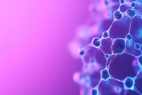 Molecular structure network visualization with glowing nodes and connections on vibrant purple and blue gradient background for science and technology concepts.