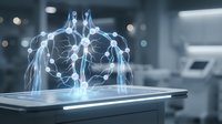 Holographic human lungs with glowing neural network connections displayed above digital tablet in modern medical laboratory environment for healthcare technology and diagnostics.