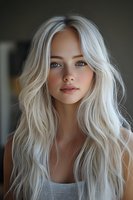 Young Caucasian woman with long platinum blonde wavy hair and bright blue eyes wearing casual grey top, natural makeup look against dark background.