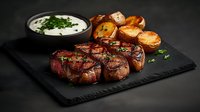 Grilled beef medallions wrapped in bacon served with roasted potatoes and sour cream sauce on black slate board, dark moody food photography style.
