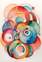 Vibrant watercolor circles in red, blue, orange and green create an abstract composition with overlapping rings and organic shapes on white background.