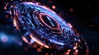 Futuristic circular hologram interface with glowing blue and orange elements against dark background, digital technology visualization for modern design projects.