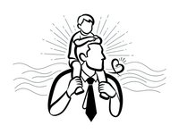 Father carrying child on shoulders with radiant sunburst background. Family bonding moment depicting paternal love and connection in minimalist line art style.
