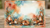 Watercolor foxes and autumn botanical border frame with copy space, soft teal and orange tones, hand-drawn style for cards and invitations.