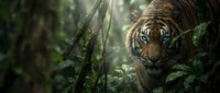 Majestic tiger with piercing blue eyes emerges from dense tropical jungle foliage, sunlight filtering through green leaves creating dramatic wildlife portrait.