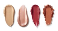 Four cosmetic product swatches on white background: foundation, rose gold highlighter, burgundy lipstick, and terracotta blush powder, isolated.