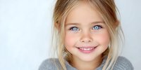 Portrait of young Caucasian girl with blonde hair and blue eyes smiling against white background, wearing gray sweater.