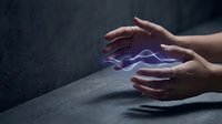 Female hands cupping glowing purple energy lightning bolt against dark textured background for spiritual healing and power concepts.
