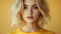 Young blonde woman with short wavy hair and natural makeup against yellow background, wearing matching yellow top.