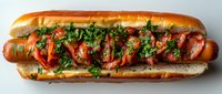 Grilled hot dog in soft bun topped with fresh chopped herbs, caramelized onions and tomato sauce on white background, classic street food.