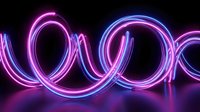 Glowing neon tubes in pink and blue create flowing, interconnected circles against a dark background with reflective surface and atmospheric lighting effects.