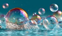 Colorful soap bubbles floating above sparkling water surface with rainbow reflections and iridescent spheres creating magical aquatic scene.