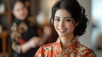 Young Asian woman in traditional orange floral kimono smiling warmly at camera. Elegant updo hairstyle with natural makeup highlights cultural fashion and beauty.