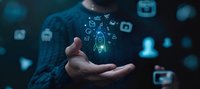 Business professional holding glowing digital network icons in palm showcasing connectivity, technology innovation and social media communication concepts.