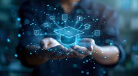 Digital education concept with glowing graduation cap hologram floating over hands, surrounded by academic icons and connecting dots on dark blue background.
