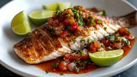 Grilled salmon fillet with fresh tomato herb salsa and lime wedges on white plate. Healthy seafood dinner with colorful vegetables and cilantro garnish.