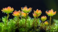 Delicate orange moss capsules with water droplets on dark background, macro nature photography showing intricate details of tiny forest flora in spring.