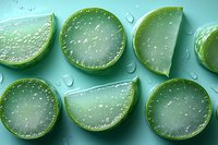 Fresh aloe vera plant slices with natural gel and water drops on turquoise background, top view arrangement for skincare and wellness concept.