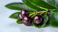 Fresh dark red cherries with green leaves on white background, organic summer fruit harvest for healthy eating and natural food photography.