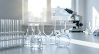 Modern laboratory with glass flasks, test tubes and microscope on white table. Clean scientific workspace for research, chemistry experiments and analysis.