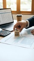 Businessman hand holding wooden cube with tax day text on office desk with laptop, calculator, documents and coffee cup for accounting and finance work.