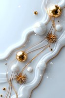 Luxurious white and gold abstract composition with flowing marble texture, metallic spheres, starburst elements and glitter details for elegant holiday designs.