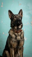German Shepherd dog portrait with leather collar sitting against vintage turquoise background for pet photography and animal lover designs.