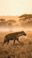Spotted hyena walking through golden grassland at sunset with acacia trees in background creating warm atmospheric wildlife scene in natural habitat.