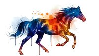 Vibrant watercolor horse in motion with colorful paint splashes and drips on white background. Abstract equestrian art for modern decor and design projects.