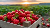 Fresh ripe strawberries in wooden crate at sunset farm field harvest time with golden light and green plants in background for organic agriculture.