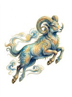 Ornate ram with curved horns and flowing mane in blue and gold tones, isolated on transparent background. Ready for t-shirt design, clipart, stickers, sublimation, and print-on-demand products.