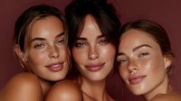 Three young diverse women with natural makeup and glowing skin pose together in warm lighting, showcasing friendship and beauty for skincare campaigns.