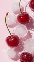 Fresh red cherries with ice cubes and water droplets on pink background for summer drinks and cocktails.